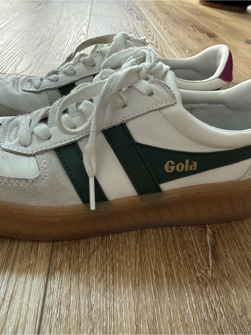 Gola White Sneakers with Green Stripes and Gum Sole